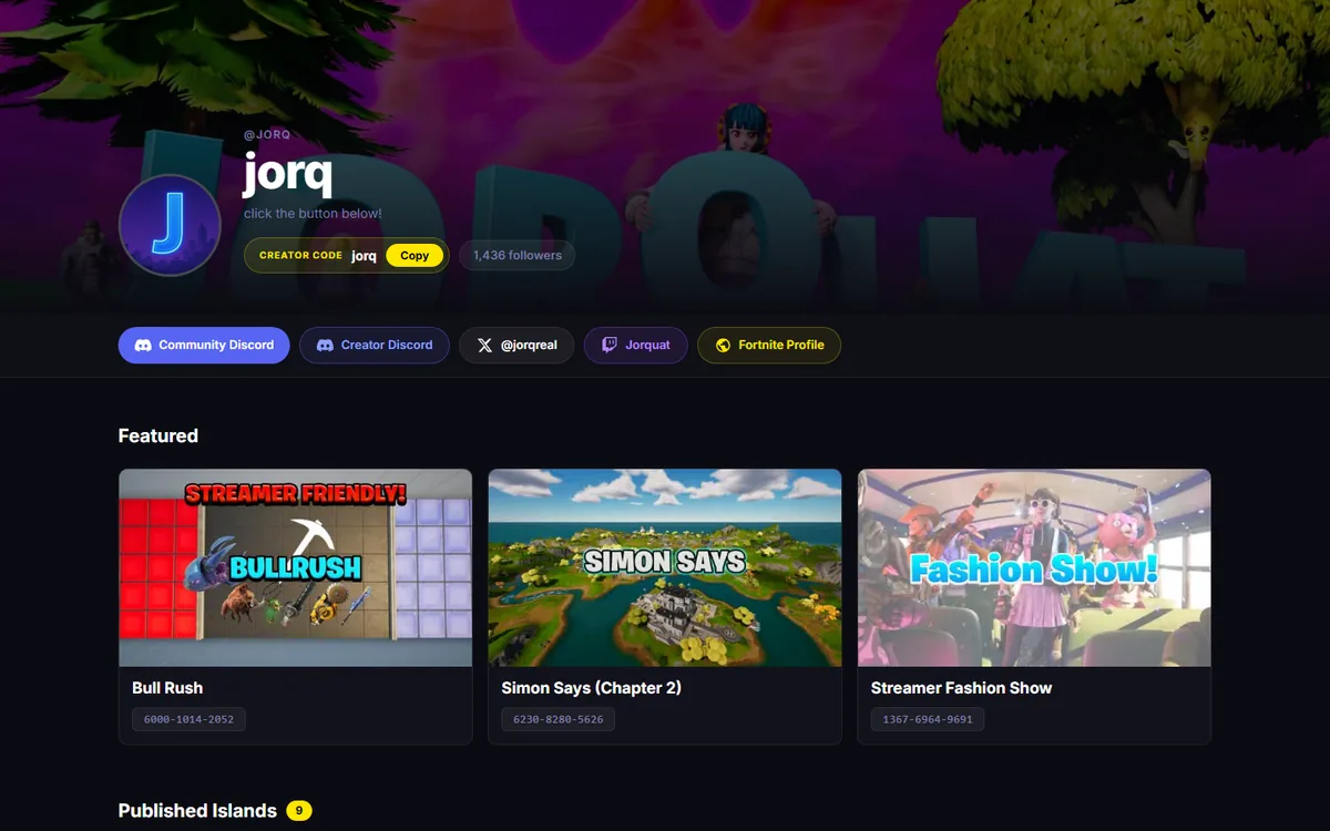 jorq.site: a Fortnite creator hub with creator code, community links and featured island thumbnails