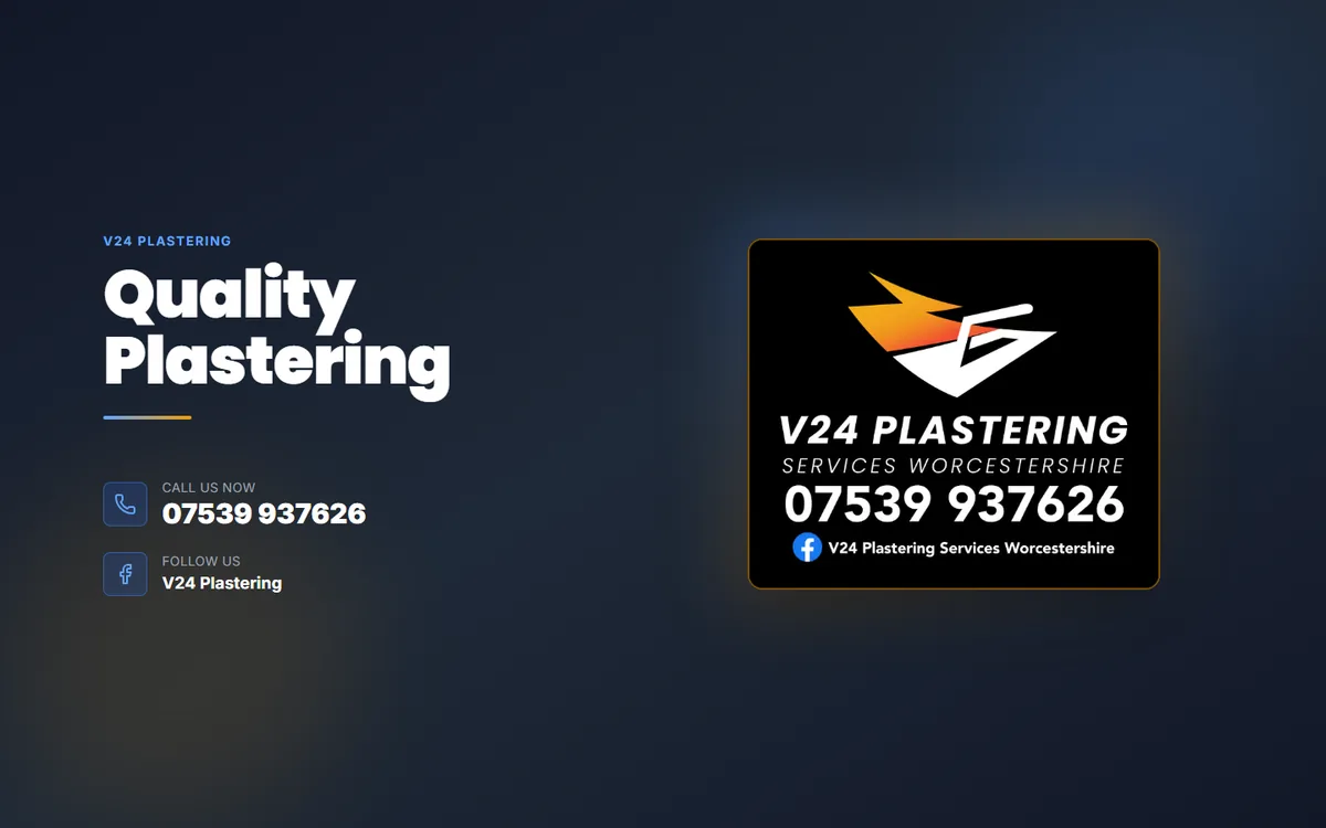 V24 Plastering homepage: 'Quality Plastering' in bold type beside the company logo and phone number