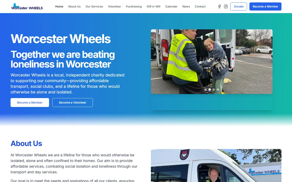 Worcester Wheels homepage: 'Together we are beating loneliness in Worcester' with a photo of a volunteer helping a passenger onto a minibus